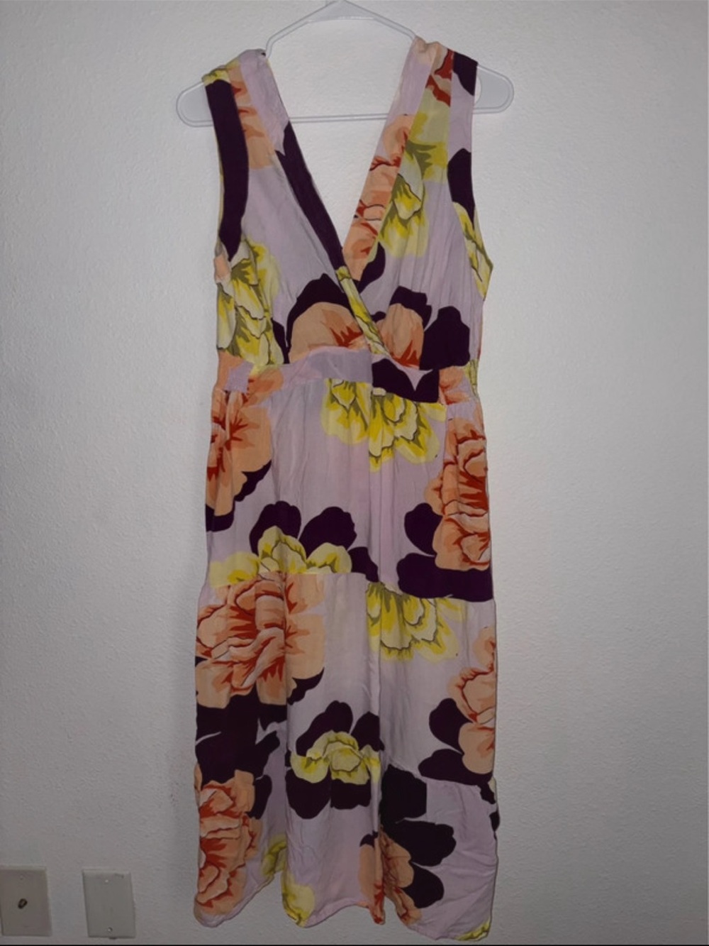 Floral V-Neck Midi Dress with Yellow & Peach Blooms